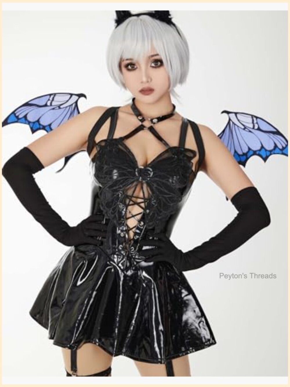 PU Leather Lingerie Set With Wings Stockings Gloves - Picture 5 of 7